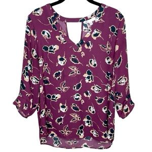 DR2 Daniel Rainn Chiffon Back Cutout V Neck Floral Blouse Career Petite Medium